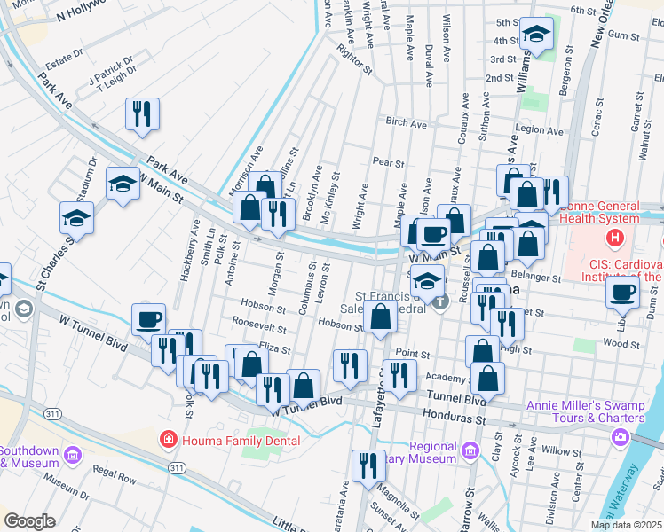 map of restaurants, bars, coffee shops, grocery stores, and more near 155 Levron Street in Houma