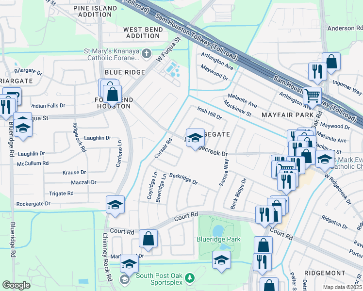 map of restaurants, bars, coffee shops, grocery stores, and more near 6319 Clayridge Drive in Houston