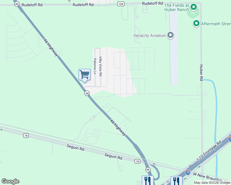 map of restaurants, bars, coffee shops, grocery stores, and more near 2457 Ranger Pass in Seguin