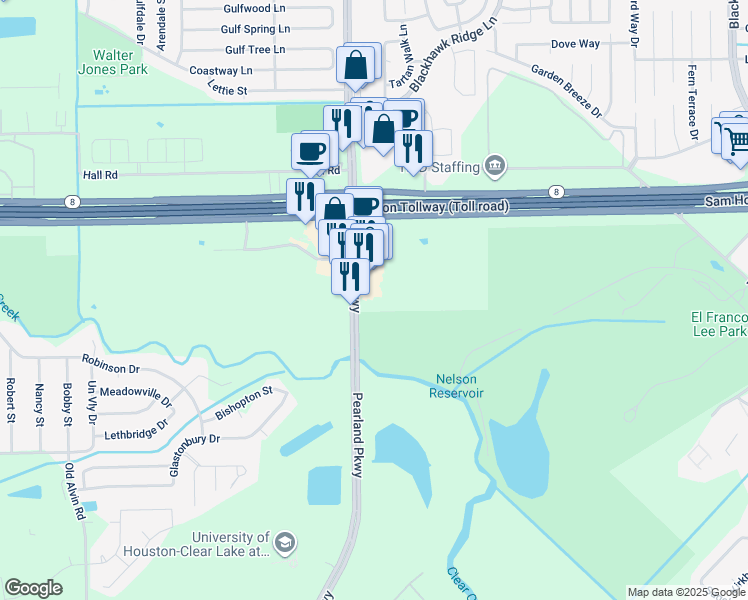 map of restaurants, bars, coffee shops, grocery stores, and more near Pearland Parkway in Pearland