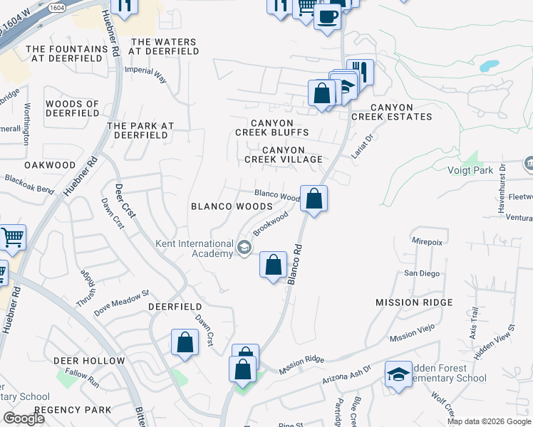 map of restaurants, bars, coffee shops, grocery stores, and more near 16925 Brookwood in San Antonio