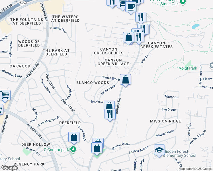 map of restaurants, bars, coffee shops, grocery stores, and more near 16925 Brookwood in San Antonio