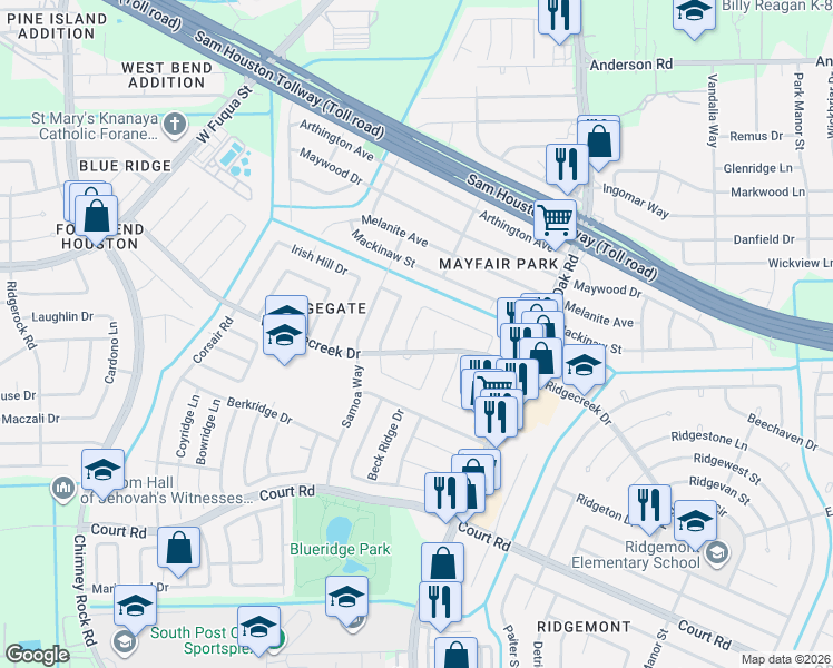 map of restaurants, bars, coffee shops, grocery stores, and more near 15814 Lenclaire Drive in Houston