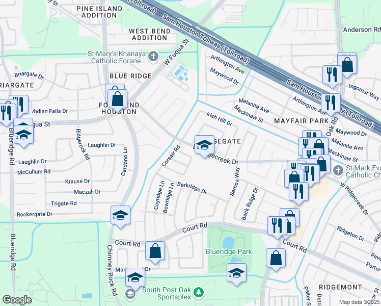 map of restaurants, bars, coffee shops, grocery stores, and more near 6319 Clayridge Drive in Houston