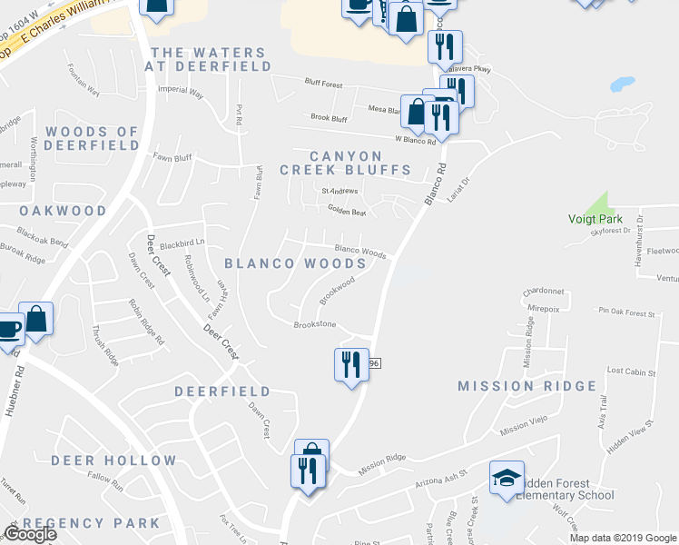 map of restaurants, bars, coffee shops, grocery stores, and more near 16925 Brookwood in San Antonio