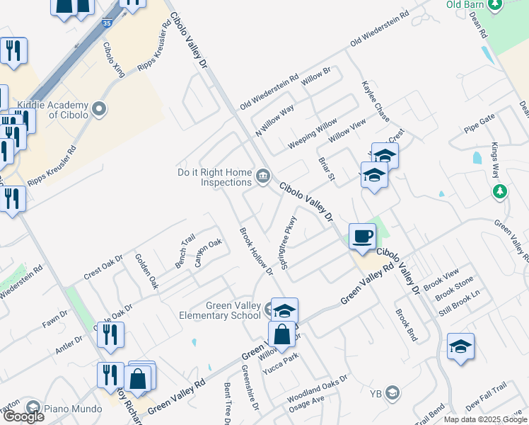 map of restaurants, bars, coffee shops, grocery stores, and more near 141 Springtree Gate in Cibolo