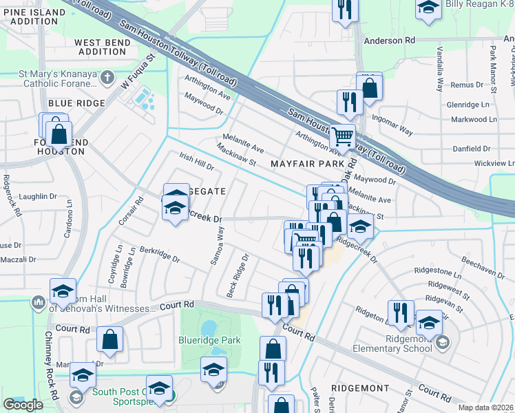 map of restaurants, bars, coffee shops, grocery stores, and more near 15814 Lenclaire Drive in Houston