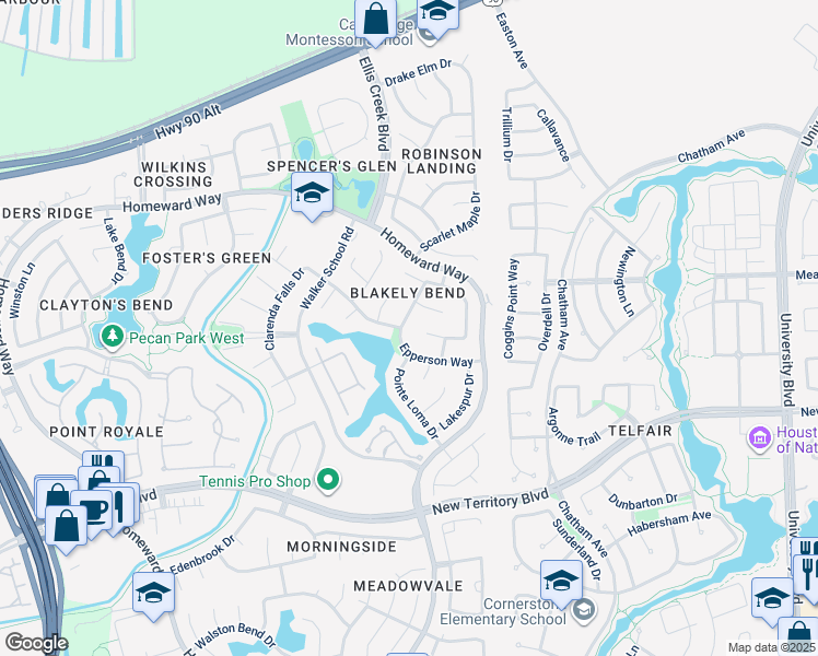 map of restaurants, bars, coffee shops, grocery stores, and more near 727 Epperson Way in Sugar Land