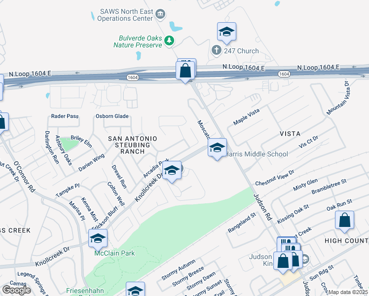 map of restaurants, bars, coffee shops, grocery stores, and more near 5631 Arcadia Park in San Antonio