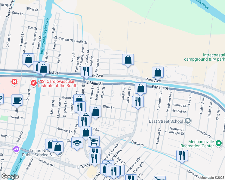 map of restaurants, bars, coffee shops, grocery stores, and more near 119 Rosary Street in Houma