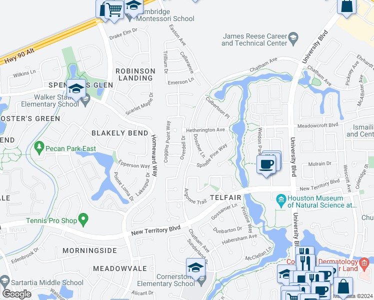 map of restaurants, bars, coffee shops, grocery stores, and more near 803 Overdell Drive in Sugar Land