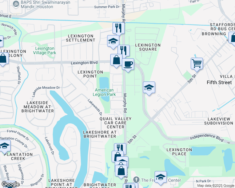map of restaurants, bars, coffee shops, grocery stores, and more near 3811 Landmark Drive in Missouri City