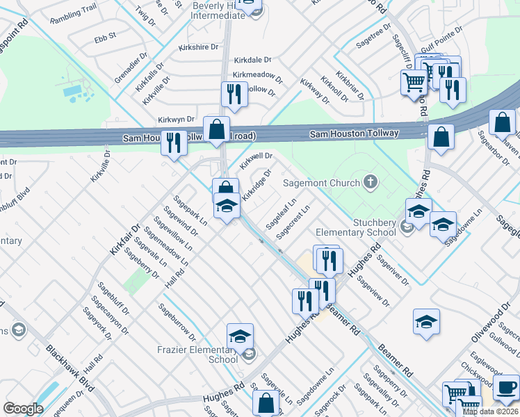 map of restaurants, bars, coffee shops, grocery stores, and more near 11717 Beamer Road in Houston