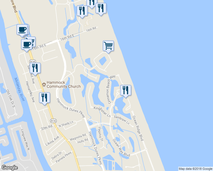 map of restaurants, bars, coffee shops, grocery stores, and more near 45 Cinnamon Beach Way in Palm Coast