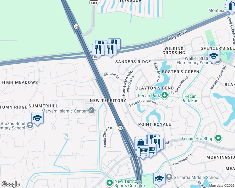 map of restaurants, bars, coffee shops, grocery stores, and more near 710 Avery Drive in Sugar Land