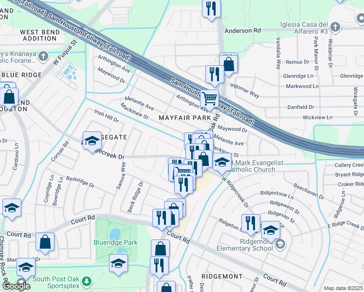 map of restaurants, bars, coffee shops, grocery stores, and more near 5506 Irish Hill Drive in Houston