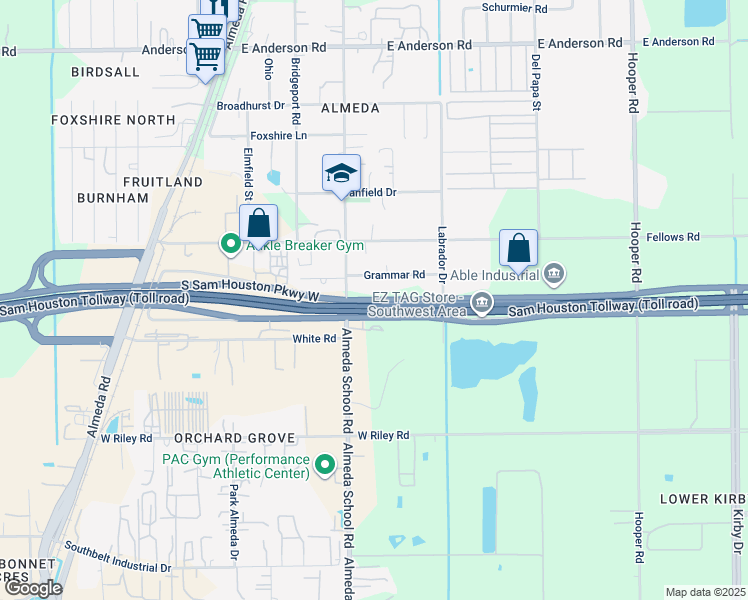map of restaurants, bars, coffee shops, grocery stores, and more near 2330 South Sam Houston Parkway West in Houston