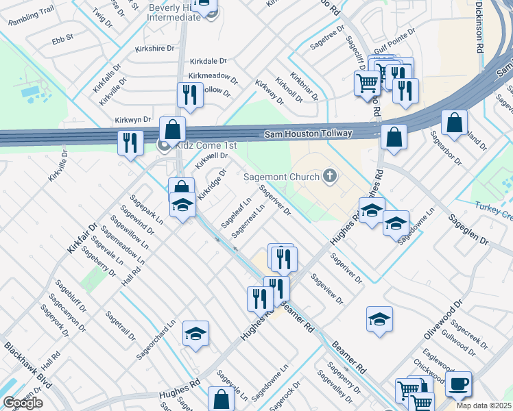 map of restaurants, bars, coffee shops, grocery stores, and more near 11019 Sagecrest Lane in Houston