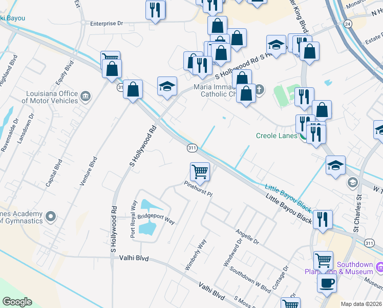 map of restaurants, bars, coffee shops, grocery stores, and more near 5094 Louisiana 311 in Houma