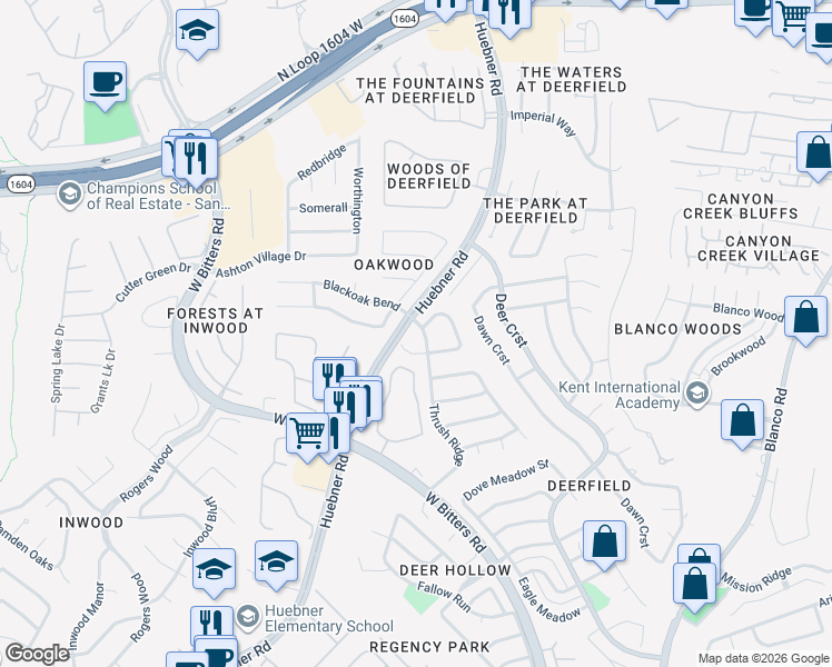 map of restaurants, bars, coffee shops, grocery stores, and more near 15618 Thrush Gate Lane in San Antonio