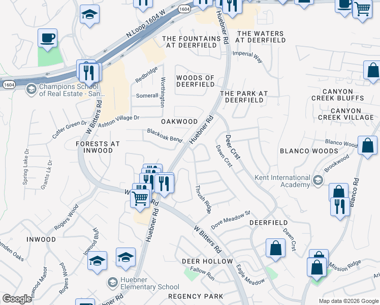 map of restaurants, bars, coffee shops, grocery stores, and more near 15618 Thrush Gate Lane in San Antonio