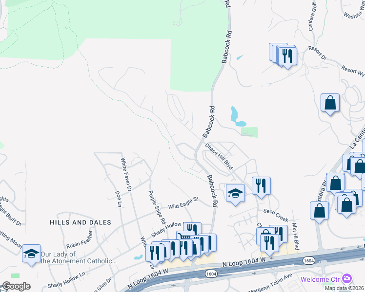 map of restaurants, bars, coffee shops, grocery stores, and more near 7322 Moss Brook Drive in San Antonio