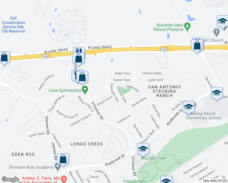 map of restaurants, bars, coffee shops, grocery stores, and more near 17106 Darlington Run in San Antonio