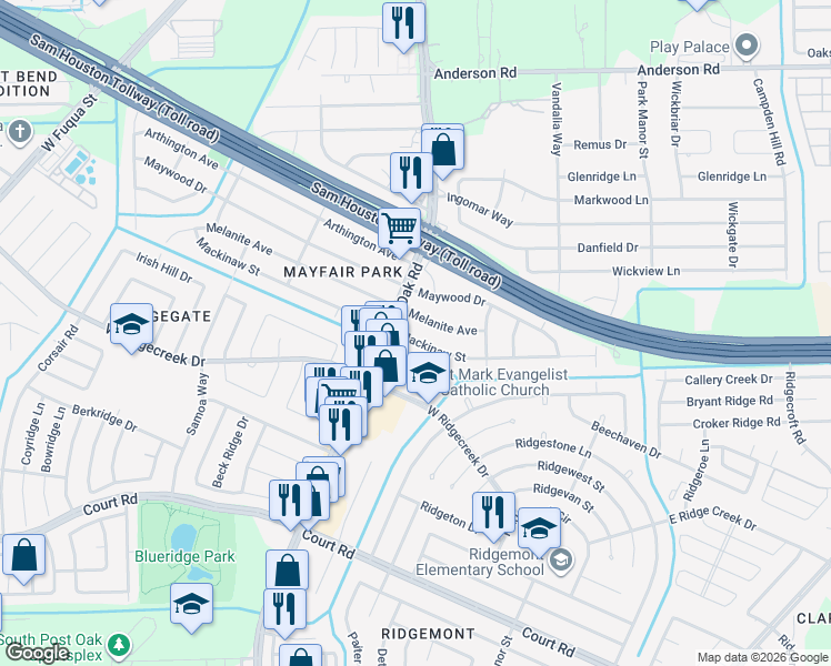 map of restaurants, bars, coffee shops, grocery stores, and more near 5401 Mackinaw Street in Houston