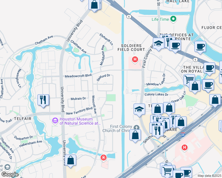 map of restaurants, bars, coffee shops, grocery stores, and more near 7642 Westmoreland Drive in Sugar Land