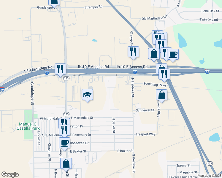 map of restaurants, bars, coffee shops, grocery stores, and more near 616 East Martindale Street in Seguin