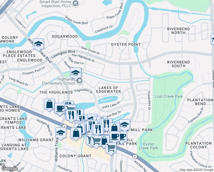 map of restaurants, bars, coffee shops, grocery stores, and more near 2011 Richland Court in Sugar Land