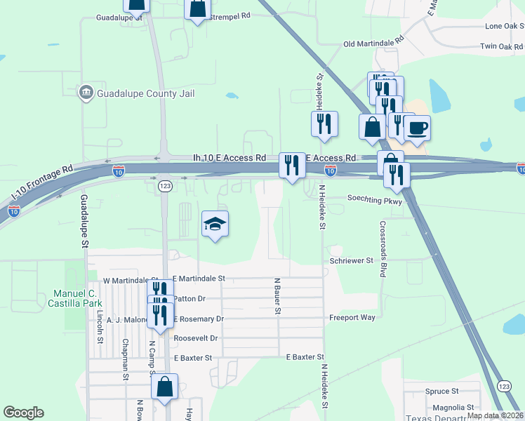 map of restaurants, bars, coffee shops, grocery stores, and more near 616 East Martindale Street in Seguin
