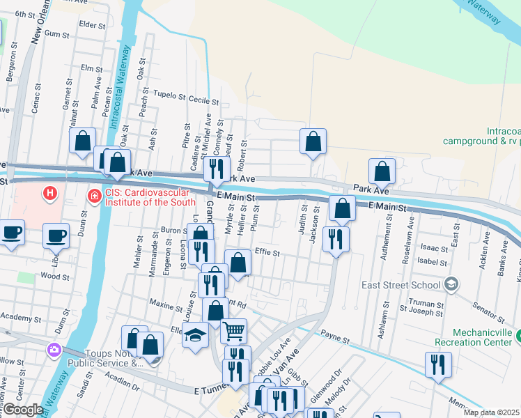 map of restaurants, bars, coffee shops, grocery stores, and more near 119-199 Rosary Street in Houma