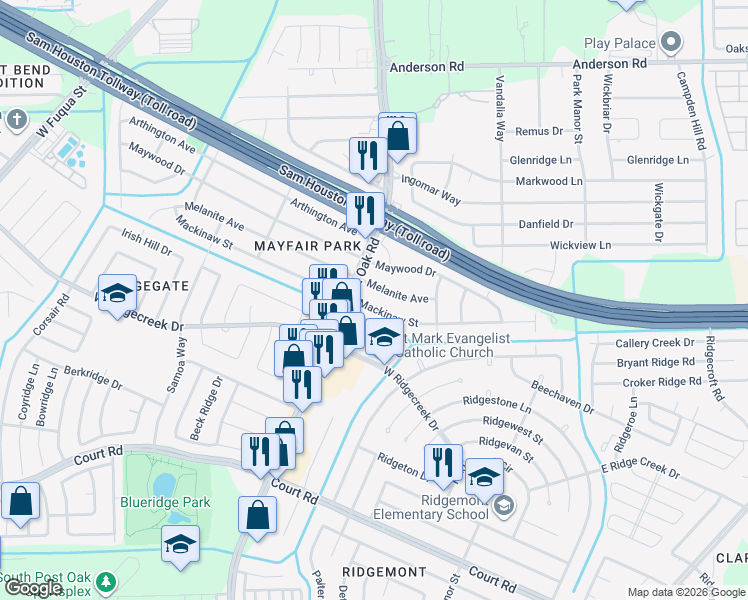 map of restaurants, bars, coffee shops, grocery stores, and more near 5401 Mackinaw Street in Houston