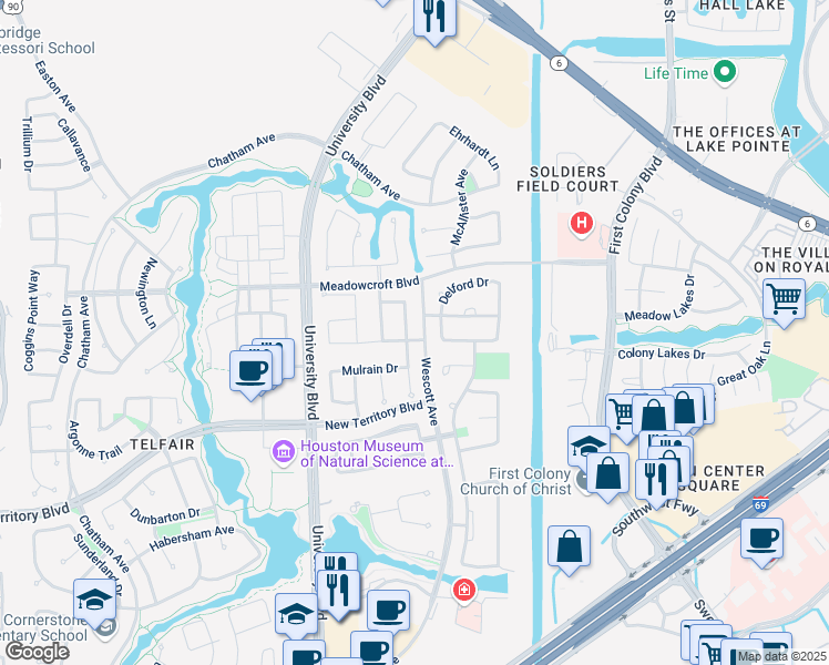 map of restaurants, bars, coffee shops, grocery stores, and more near 1103 Bainbridge Drive in Sugar Land