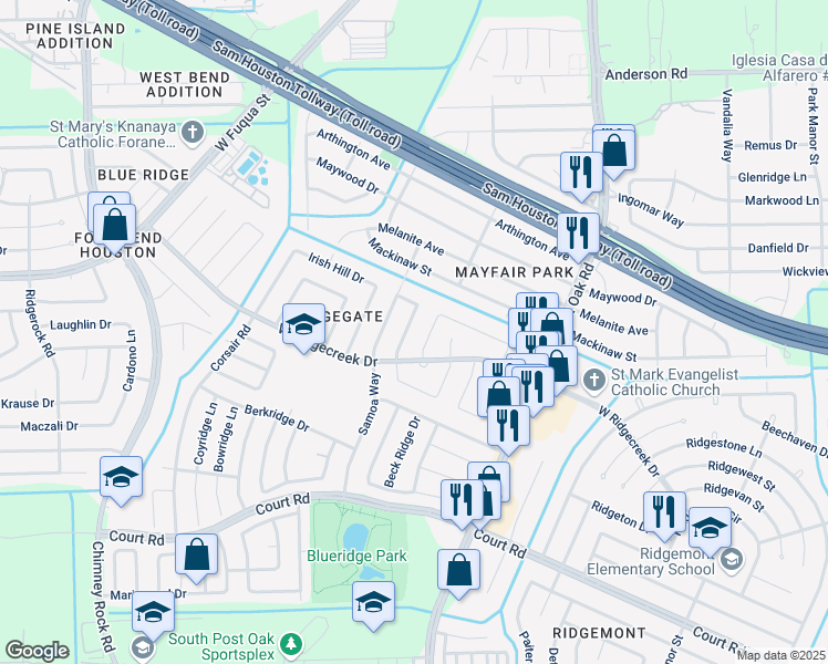 map of restaurants, bars, coffee shops, grocery stores, and more near 15819 Donforth Drive in Houston