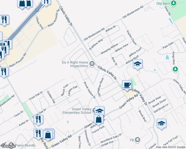 map of restaurants, bars, coffee shops, grocery stores, and more near 116 Spring Brook in Cibolo