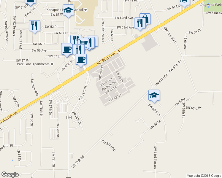 map of restaurants, bars, coffee shops, grocery stores, and more near 2806 Southwest 62 Road in Gainesville