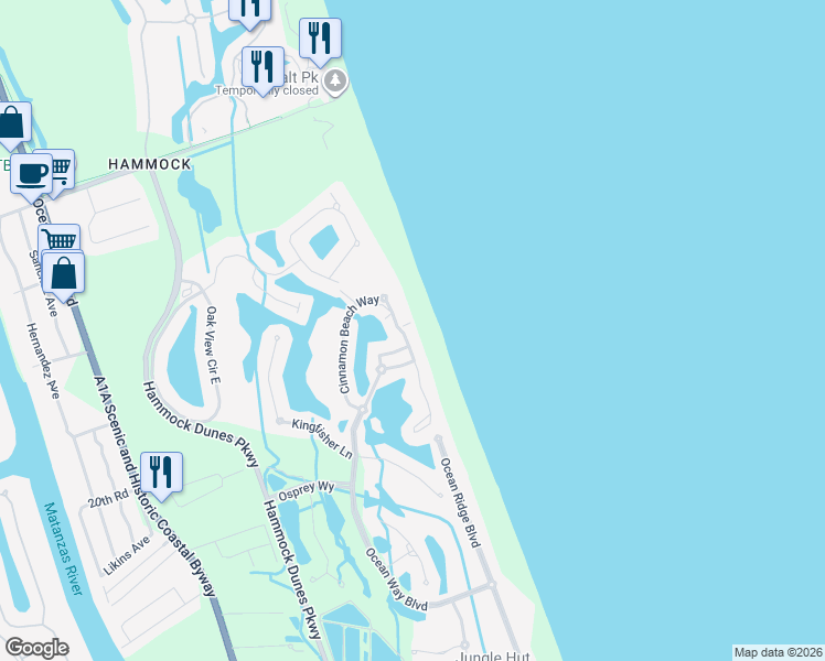 map of restaurants, bars, coffee shops, grocery stores, and more near 505 Cinnamon Beach Lane in Palm Coast