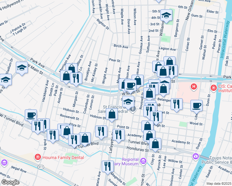 map of restaurants, bars, coffee shops, grocery stores, and more near 7712 West Main Street in Houma