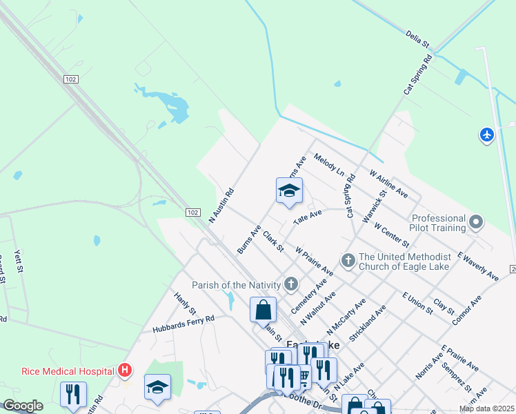 map of restaurants, bars, coffee shops, grocery stores, and more near 600 North Austin Road in Eagle Lake