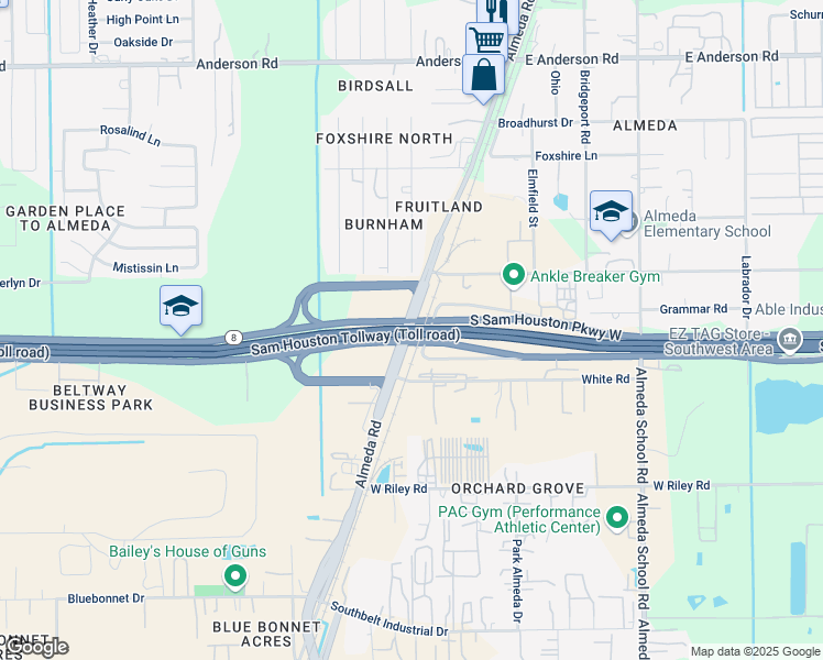 map of restaurants, bars, coffee shops, grocery stores, and more near Sam Houston Parkway in Houston