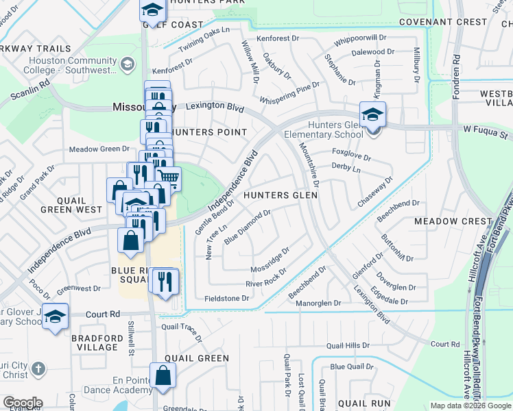 map of restaurants, bars, coffee shops, grocery stores, and more near 1215 New Tree Lane in Missouri City