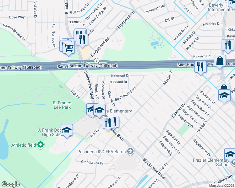 map of restaurants, bars, coffee shops, grocery stores, and more near 10207 Sageyork Drive in Houston