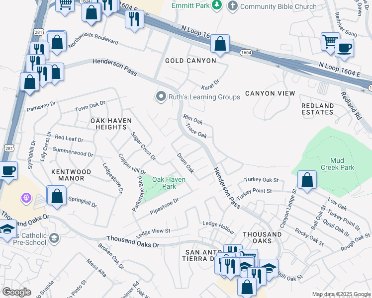 map of restaurants, bars, coffee shops, grocery stores, and more near 16527 Drum Oak in San Antonio