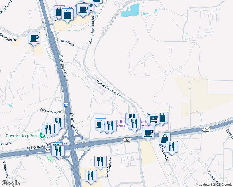 map of restaurants, bars, coffee shops, grocery stores, and more near 16333 Vance Jackson Road in San Antonio