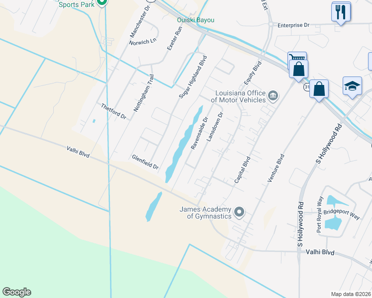 map of restaurants, bars, coffee shops, grocery stores, and more near 234 Ravensaide Drive in Houma