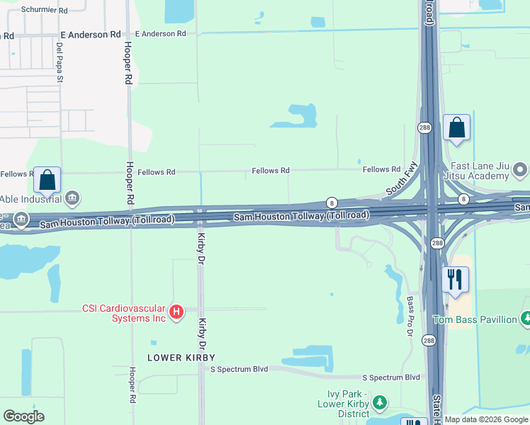 map of restaurants, bars, coffee shops, grocery stores, and more near 511 South Sam Houston Parkway West in Houston