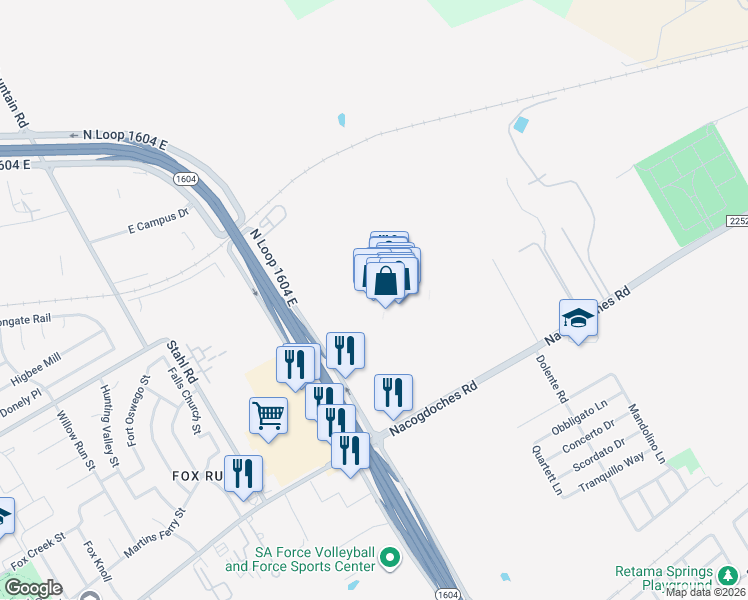 map of restaurants, bars, coffee shops, grocery stores, and more near 6909 North Loop 1604 East in San Antonio