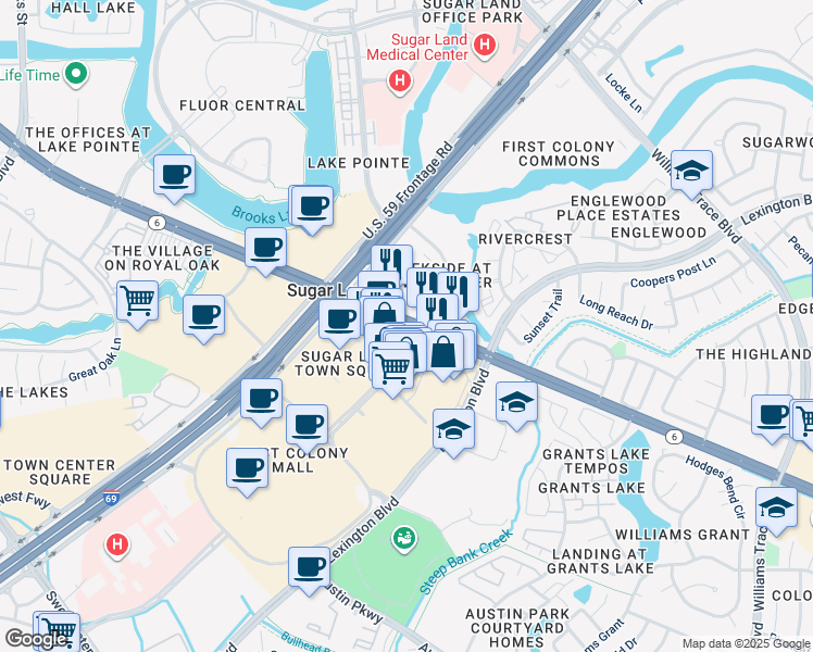 map of restaurants, bars, coffee shops, grocery stores, and more near 2100 Texas 6 in Sugar Land